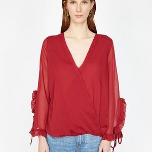 Zara Basic Red Wrap Ruffled Sleeve Blouse Size Large
